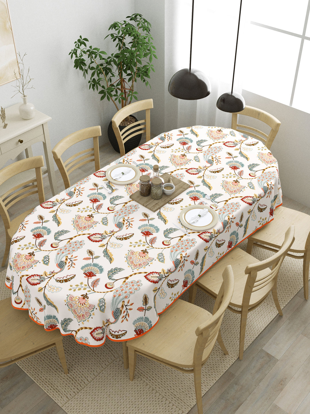 100% Cotton Oval Table Cover; Multicolor Peacock