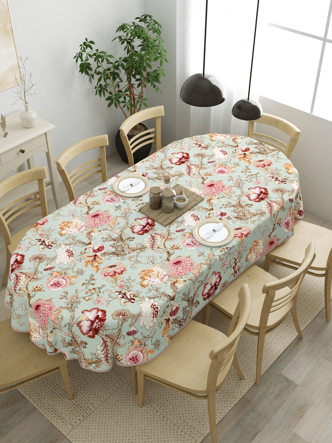 100% Cotton Oval Table Cover; Multicolor Flowers On Green