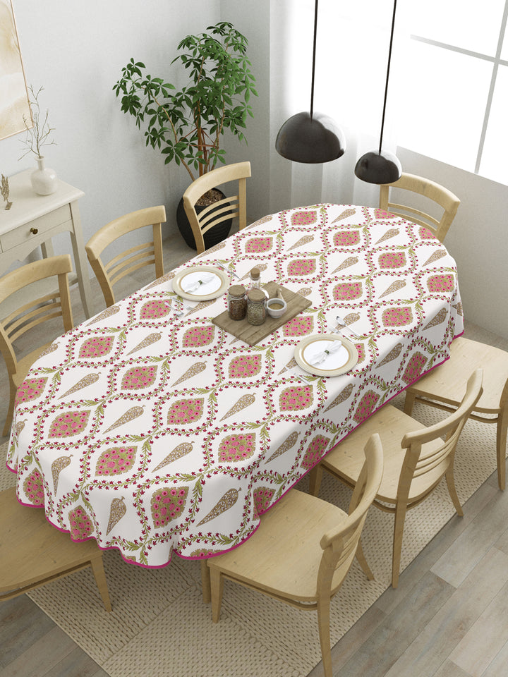 100% Cotton Oval Table Cover; Pink Beige Block Print