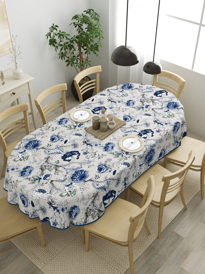 100% Cotton Oval Table Cover; Blue Flowers