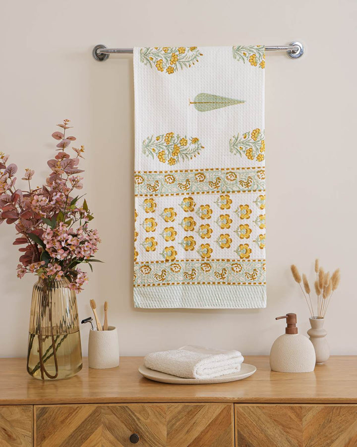 Heritage Marigold Cotton Waffle Bath Towel 60 x 30 Inch Hand Block Print