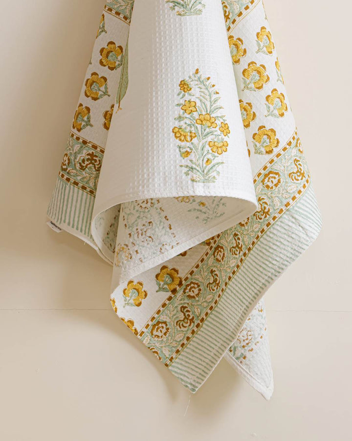 Heritage Marigold Cotton Waffle Bath Towel 60 x 30 Inch Hand Block Print