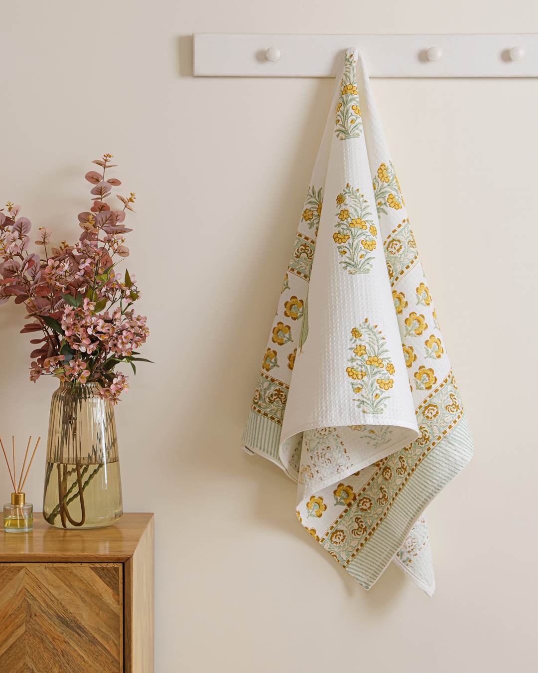 Heritage Marigold Cotton Waffle Bath Towel 60 x 30 Inch Hand Block Print