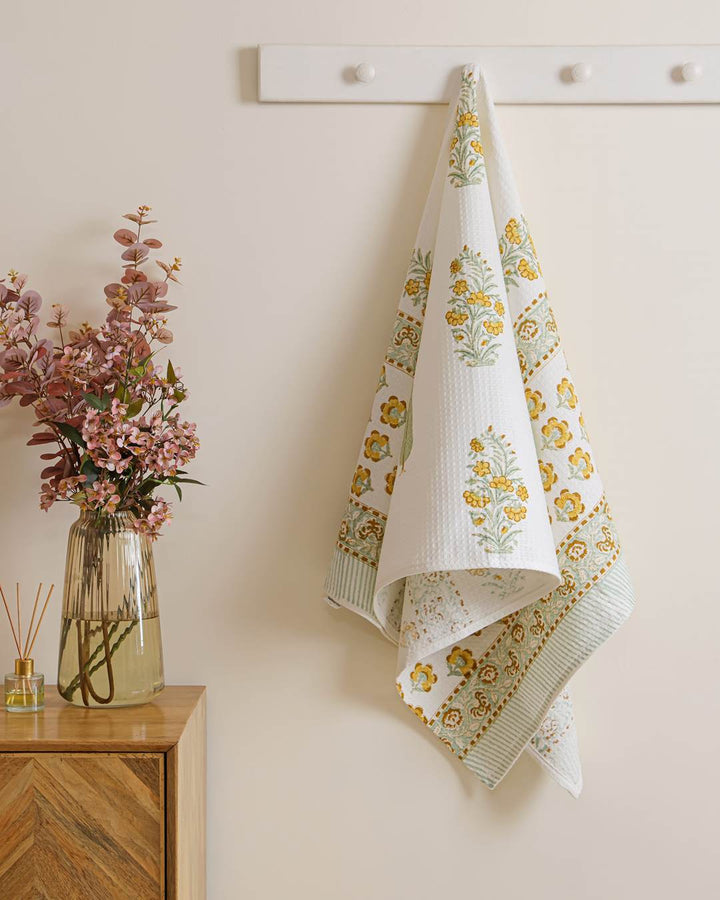 Heritage Marigold Cotton Waffle Bath Towel 60 x 30 Inch Hand Block Print
