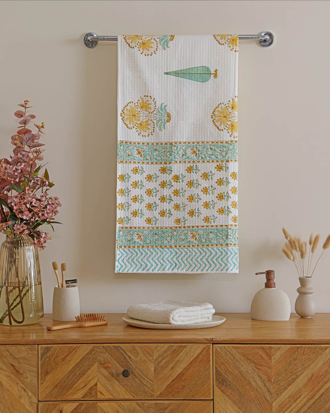 Aqua Marigold Cotton Waffle Bath Towel 60 x 30 Inch Hand Block Print