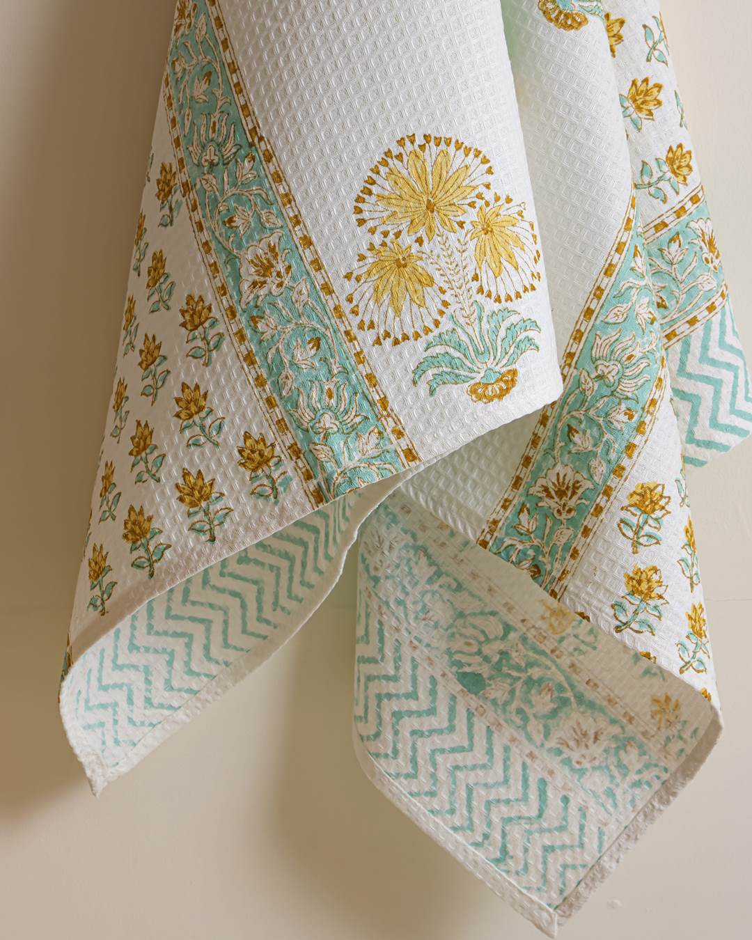 Aqua Marigold Cotton Waffle Bath Towel 60 x 30 Inch Hand Block Print