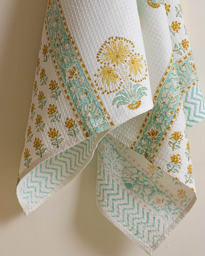 Aqua Marigold Cotton Waffle Bath Towel 60 x 30 Inch Hand Block Print
