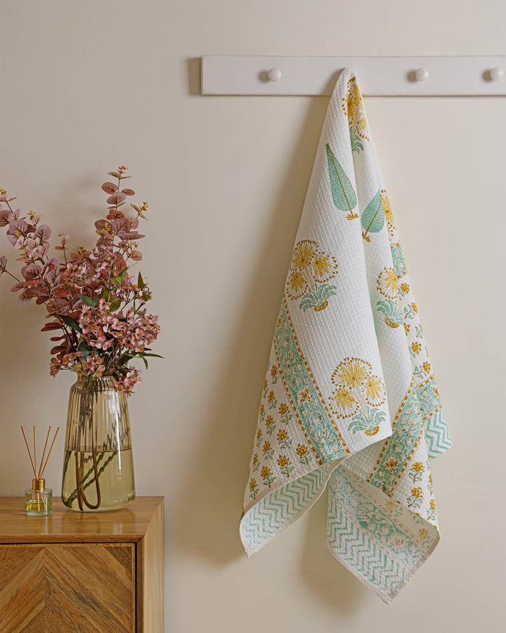 Aqua Marigold Cotton Waffle Bath Towel 60 x 30 Inch Hand Block Print