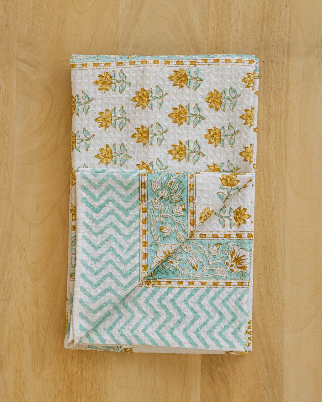 Aqua Marigold Cotton Waffle Bath Towel 60 x 30 Inch Hand Block Print