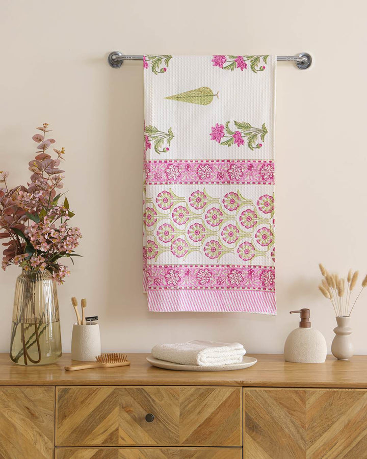 Vintage Rose Cotton Waffle Bath Towel 60 x 30 Inch Hand Block Print