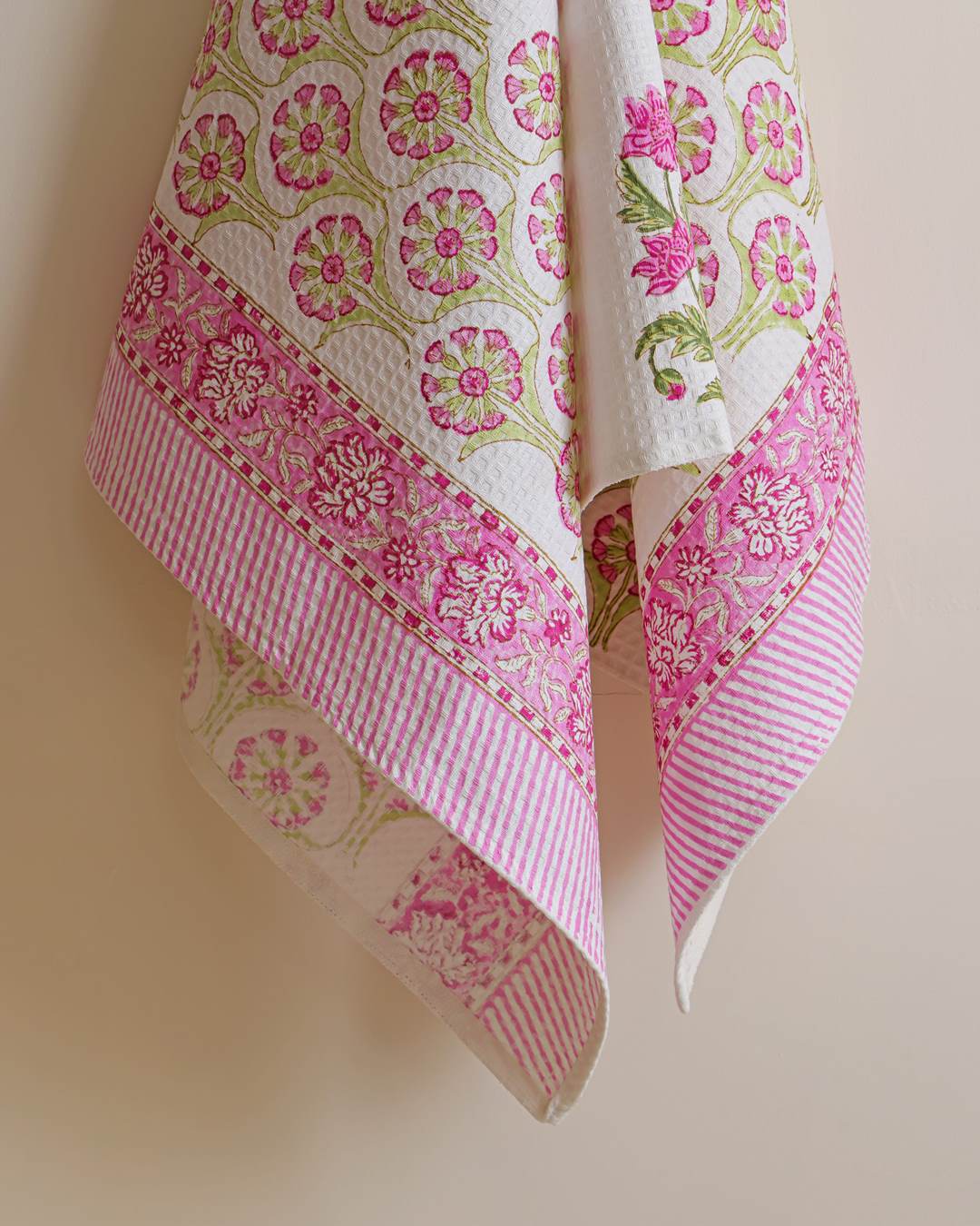 Vintage Rose Cotton Waffle Bath Towel 60 x 30 Inch Hand Block Print