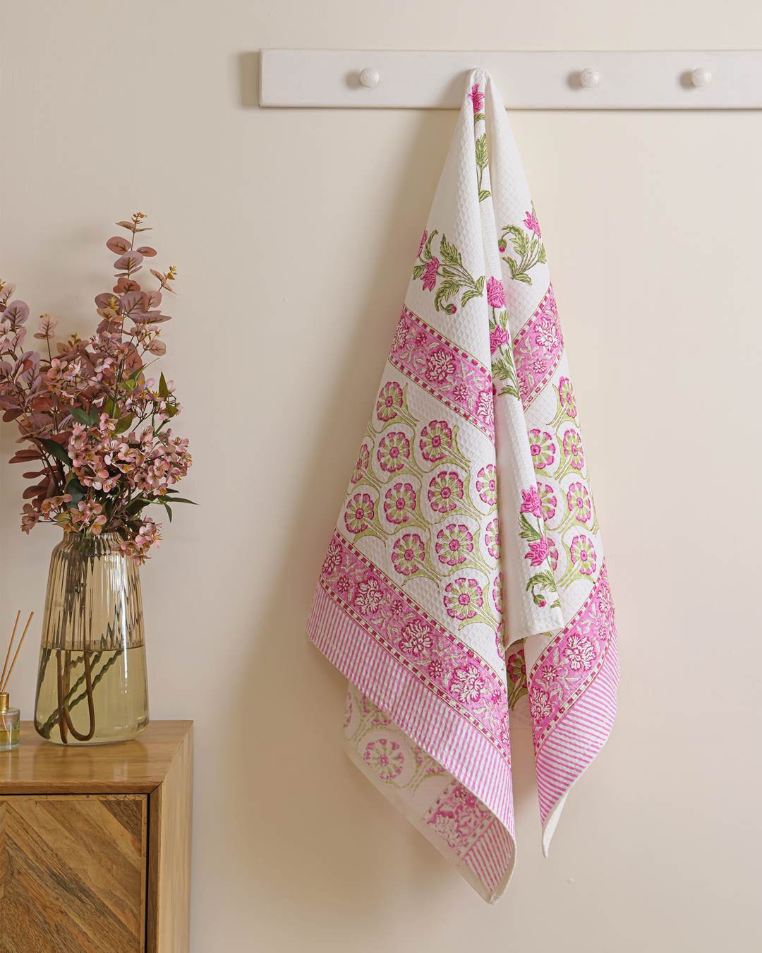 Vintage Rose Cotton Waffle Bath Towel 60 x 30 Inch Hand Block Print