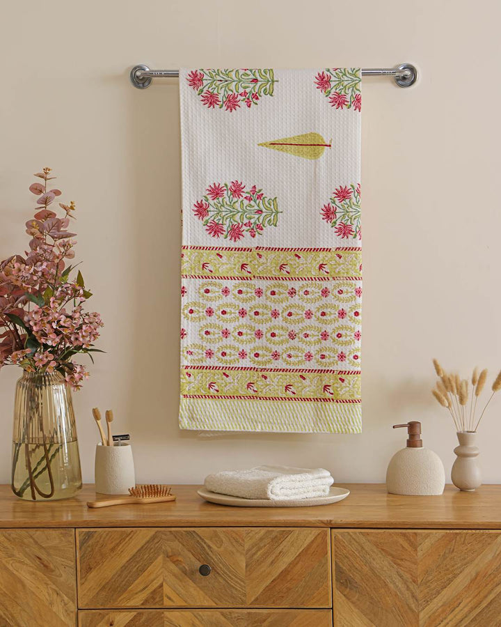 Amber Coral Cotton Waffle Bath Towel 60 x 30 Inch Hand Block Print