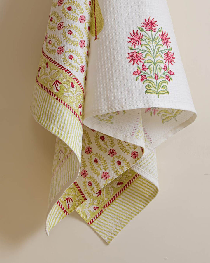 Amber Coral Cotton Waffle Bath Towel 60 x 30 Inch Hand Block Print