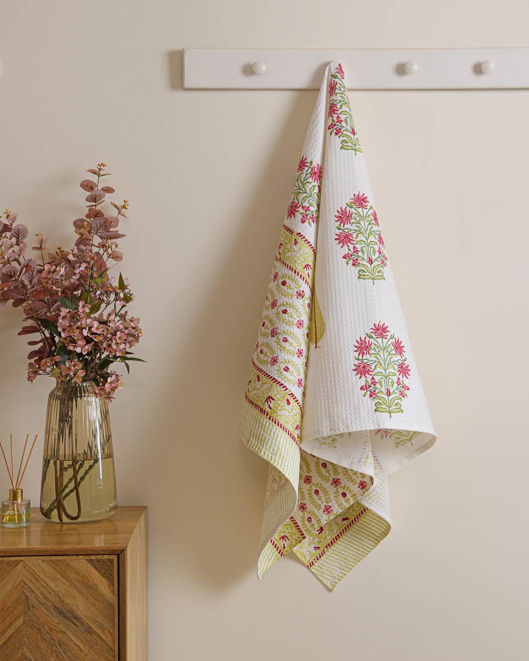 Amber Coral Cotton Waffle Bath Towel 60 x 30 Inch Hand Block Print