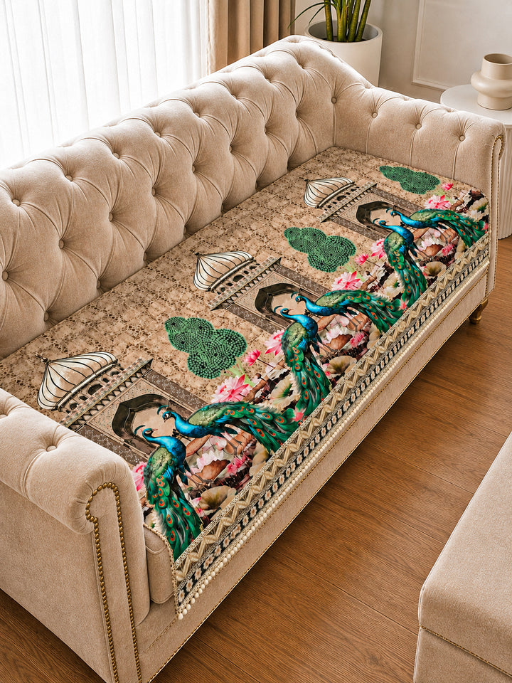 Suede Velvet Sofa Mat 3 Seater | Royal Peacock - Ivory Beige