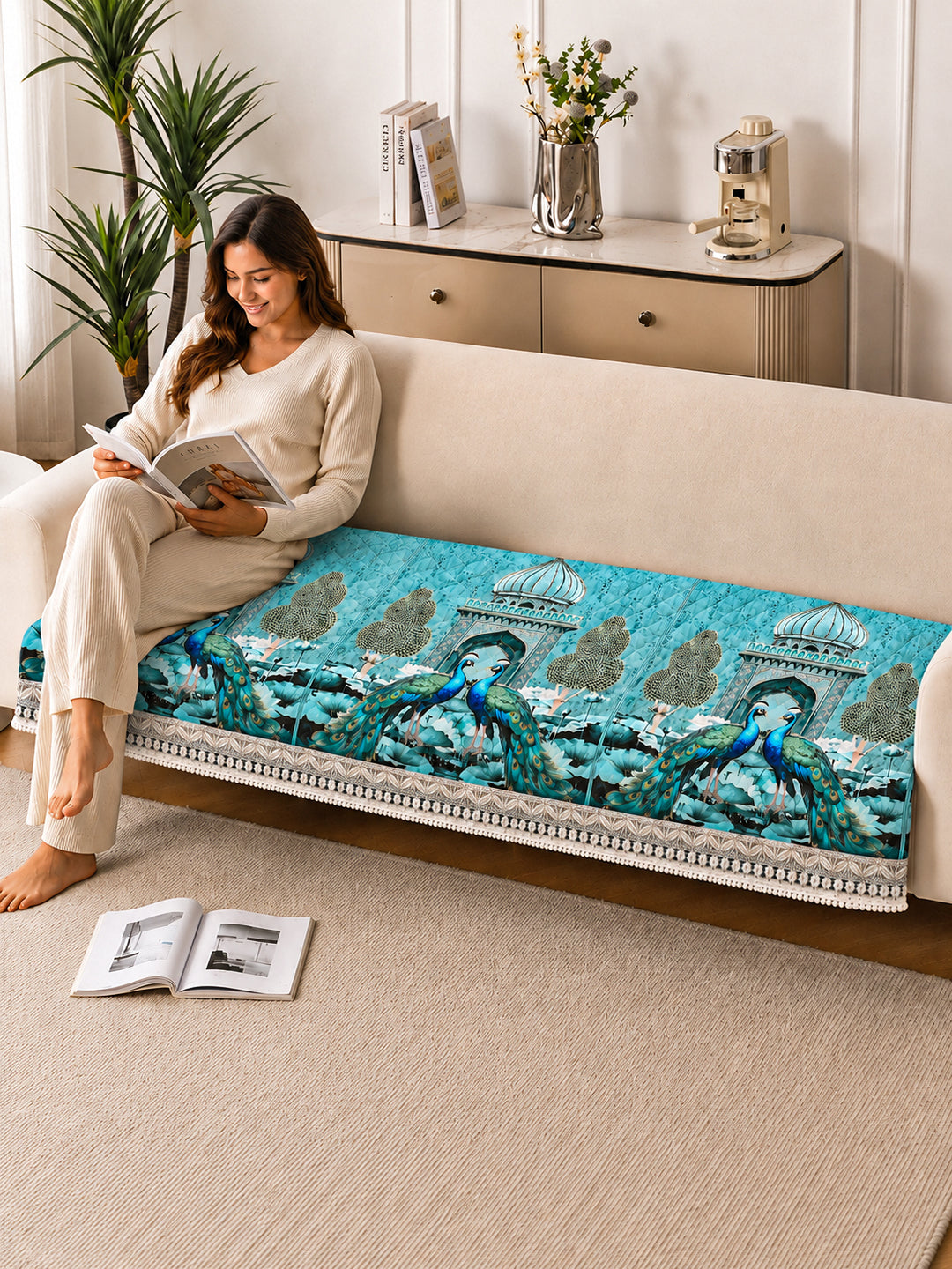 Suede Velvet Sofa Mat 3 Seater | Royal Peacock - Aqua Mist