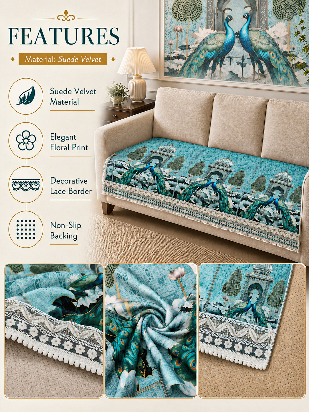 Suede Velvet Sofa Mat 3 Seater | Royal Peacock - Aqua Mist