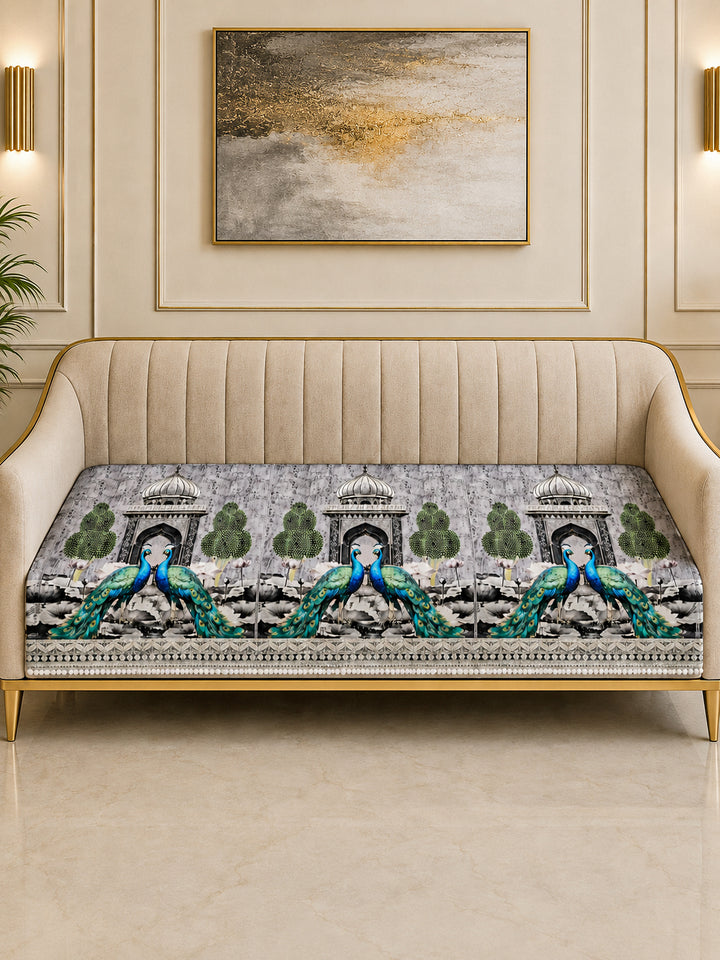 Suede Velvet Sofa Mat 3 Seater | Royal Peacock - Silver Pearl