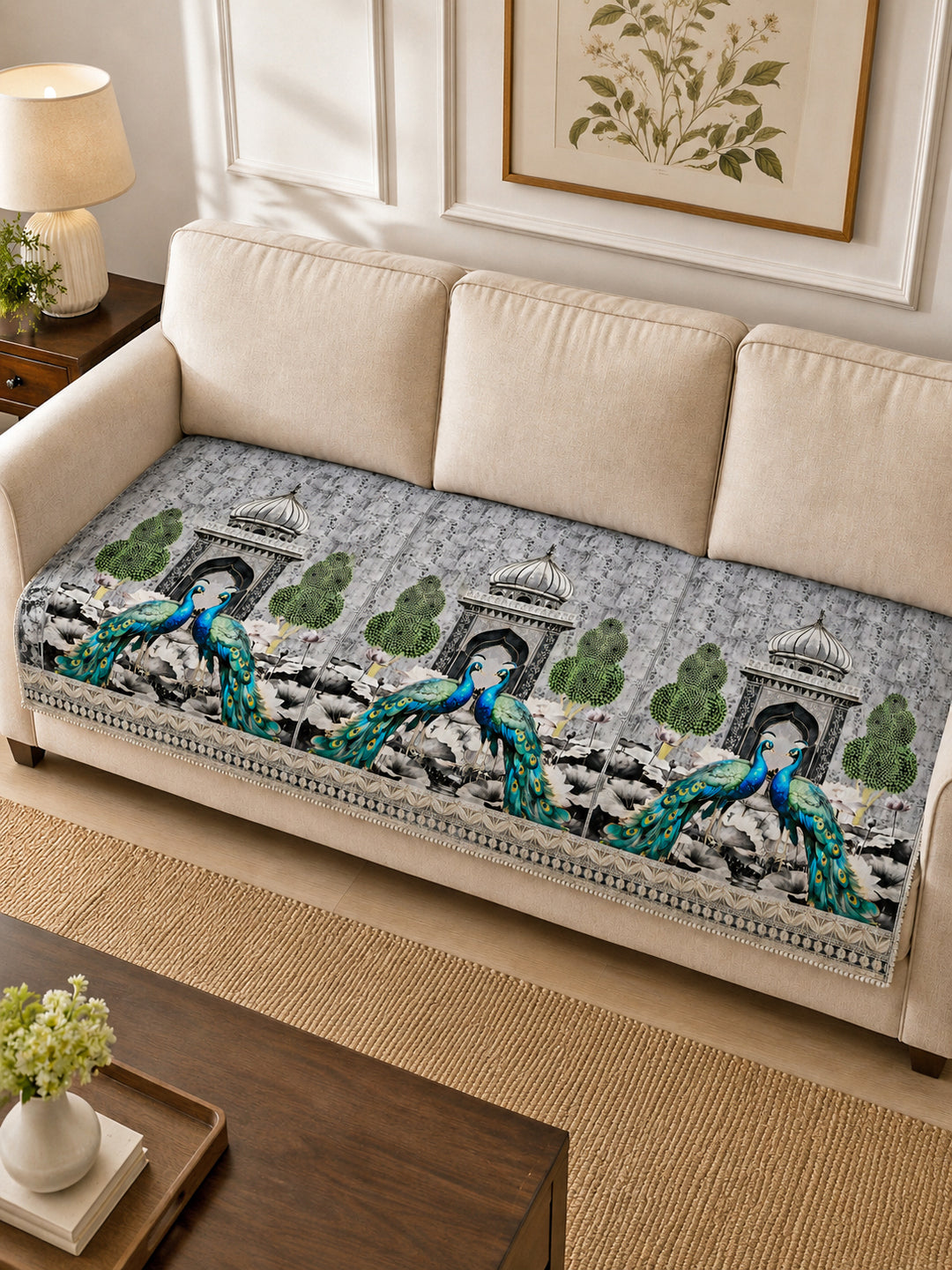 Suede Velvet Sofa Mat 3 Seater | Royal Peacock - Silver Pearl