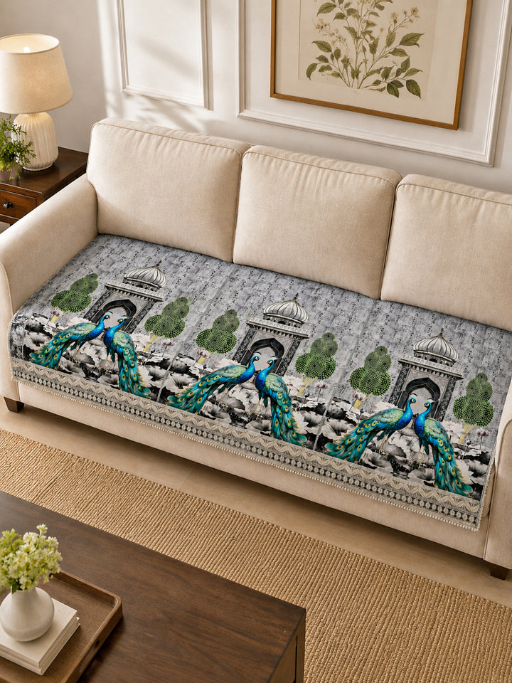 Suede Velvet Sofa Mat 3 Seater | Royal Peacock - Silver Pearl