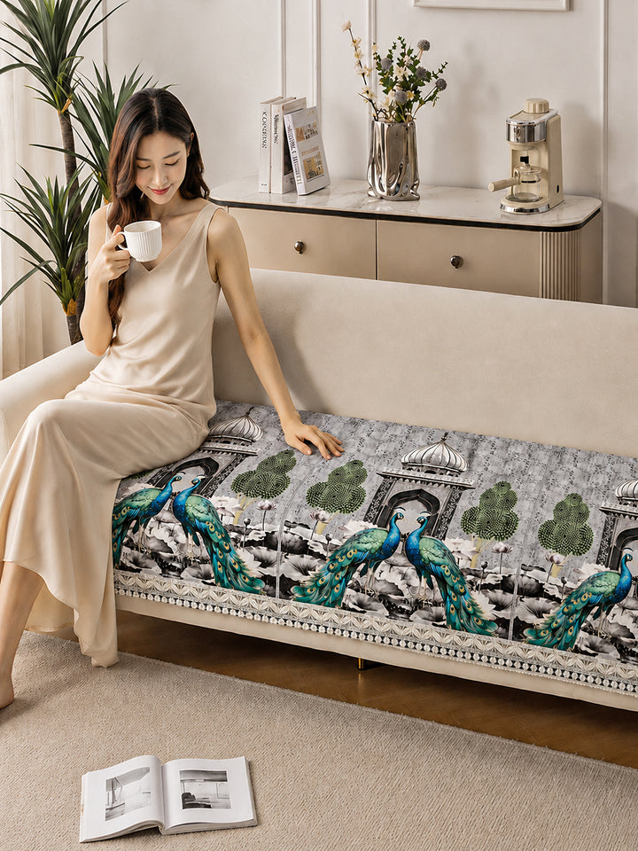 Suede Velvet Sofa Mat 3 Seater | Royal Peacock - Silver Pearl