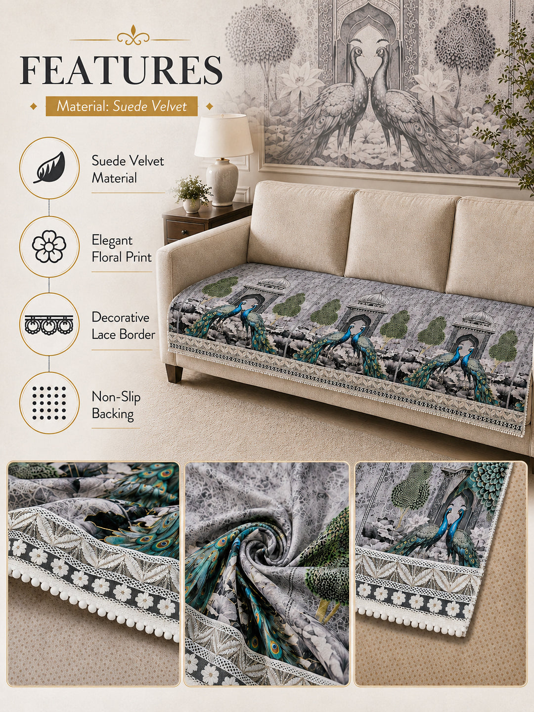 Suede Velvet Sofa Mat 3 Seater | Royal Peacock - Silver Pearl