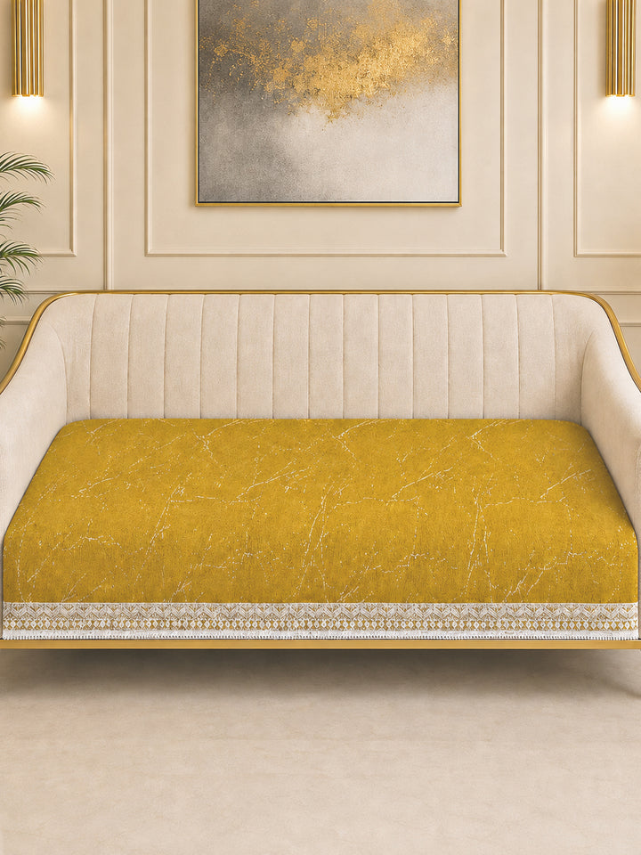 Suede Velvet Sofa Mat 3 Seater | Anti Skid & Machine Washable Sofa Cover Protector | Marble Luxe - Mustard Gold