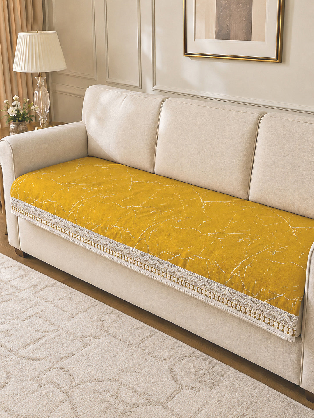 Suede Velvet Sofa Mat 3 Seater | Anti Skid & Machine Washable Sofa Cover Protector | Marble Luxe - Mustard Gold