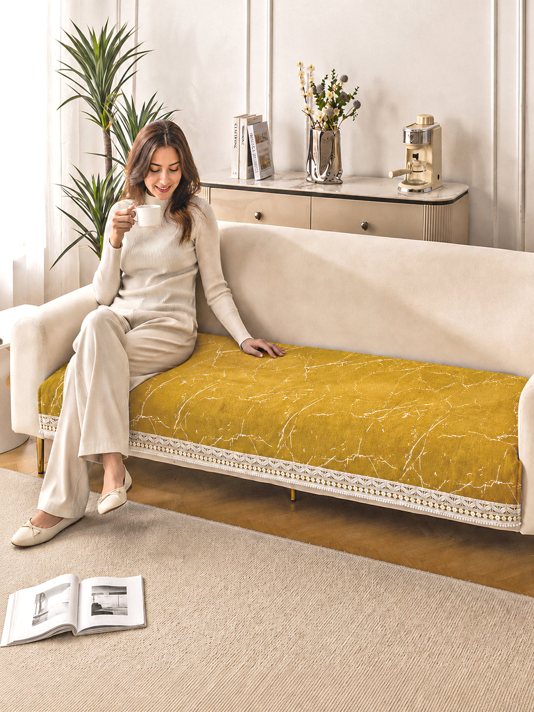 Suede Velvet Sofa Mat 3 Seater | Anti Skid & Machine Washable Sofa Cover Protector | Marble Luxe - Mustard Gold