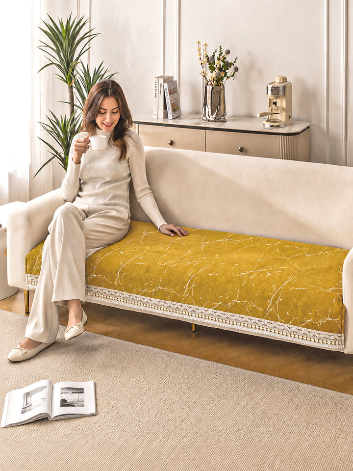 Suede Velvet Sofa Mat 3 Seater | Anti Skid & Machine Washable Sofa Cover Protector | Marble Luxe - Mustard Gold