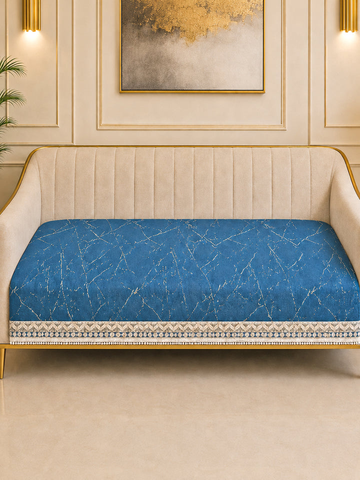 Suede Velvet Sofa Mat 3 Seater | Anti Skid & Machine Washable Sofa Cover Protector | Marble Luxe - Sapphire Blue