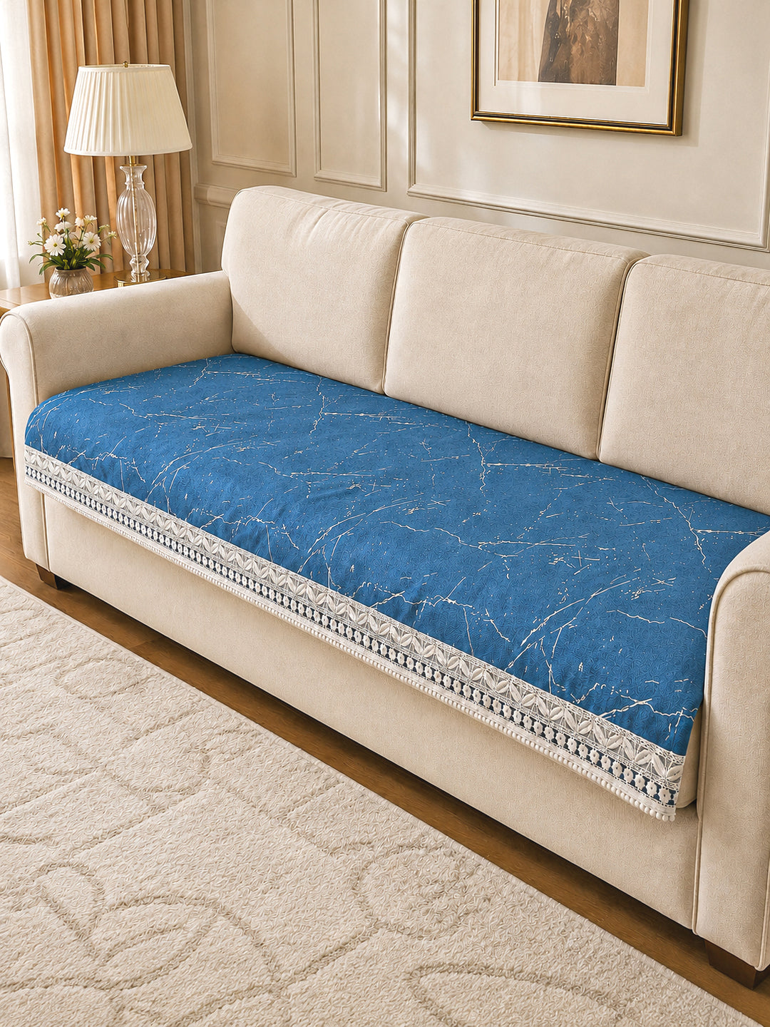 Suede Velvet Sofa Mat 3 Seater | Anti Skid & Machine Washable Sofa Cover Protector | Marble Luxe - Sapphire Blue