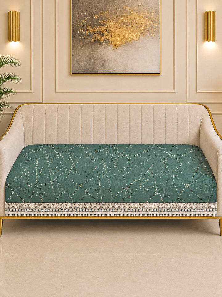 Suede Velvet Sofa Mat 3 Seater | Anti Skid & Machine Washable Sofa Cover Protector | Marble Luxe - Emerald Green