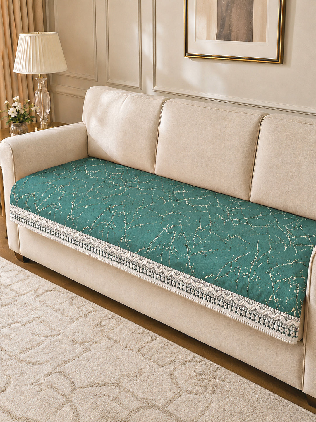 Suede Velvet Sofa Mat 3 Seater | Anti Skid & Machine Washable Sofa Cover Protector | Marble Luxe - Emerald Green