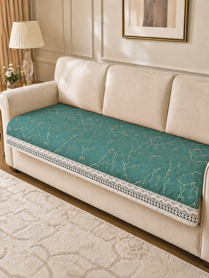 Suede Velvet Sofa Mat 3 Seater | Anti Skid & Machine Washable Sofa Cover Protector | Marble Luxe - Emerald Green
