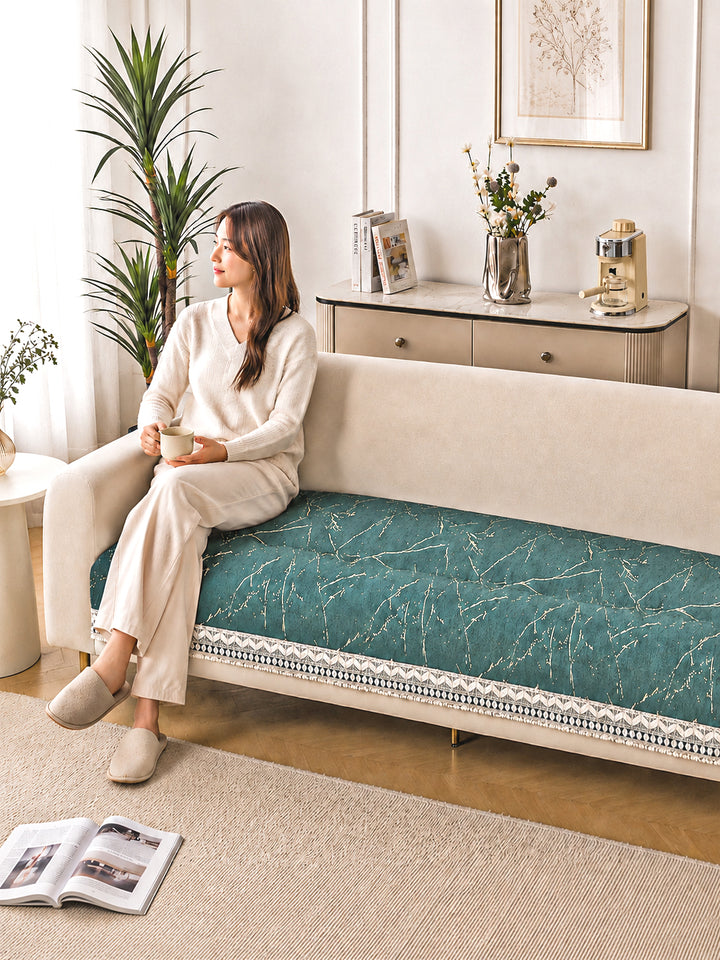 Suede Velvet Sofa Mat 3 Seater | Anti Skid & Machine Washable Sofa Cover Protector | Marble Luxe - Emerald Green