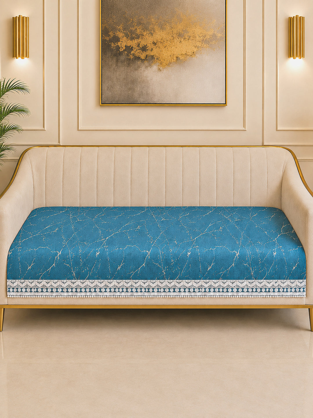 Suede Velvet Sofa Mat 3 Seater | Anti Skid & Machine Washable Sofa Cover Protector | Marble Luxe - Aqua Blue
