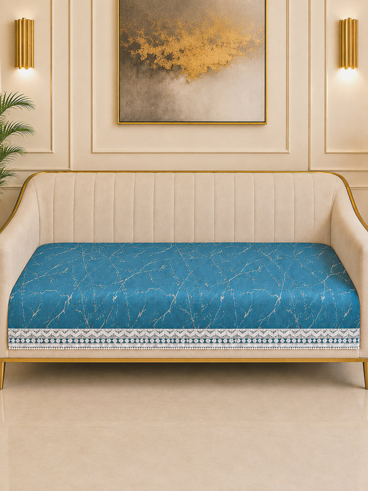 Suede Velvet Sofa Mat 3 Seater | Anti Skid & Machine Washable Sofa Cover Protector | Marble Luxe - Aqua Blue