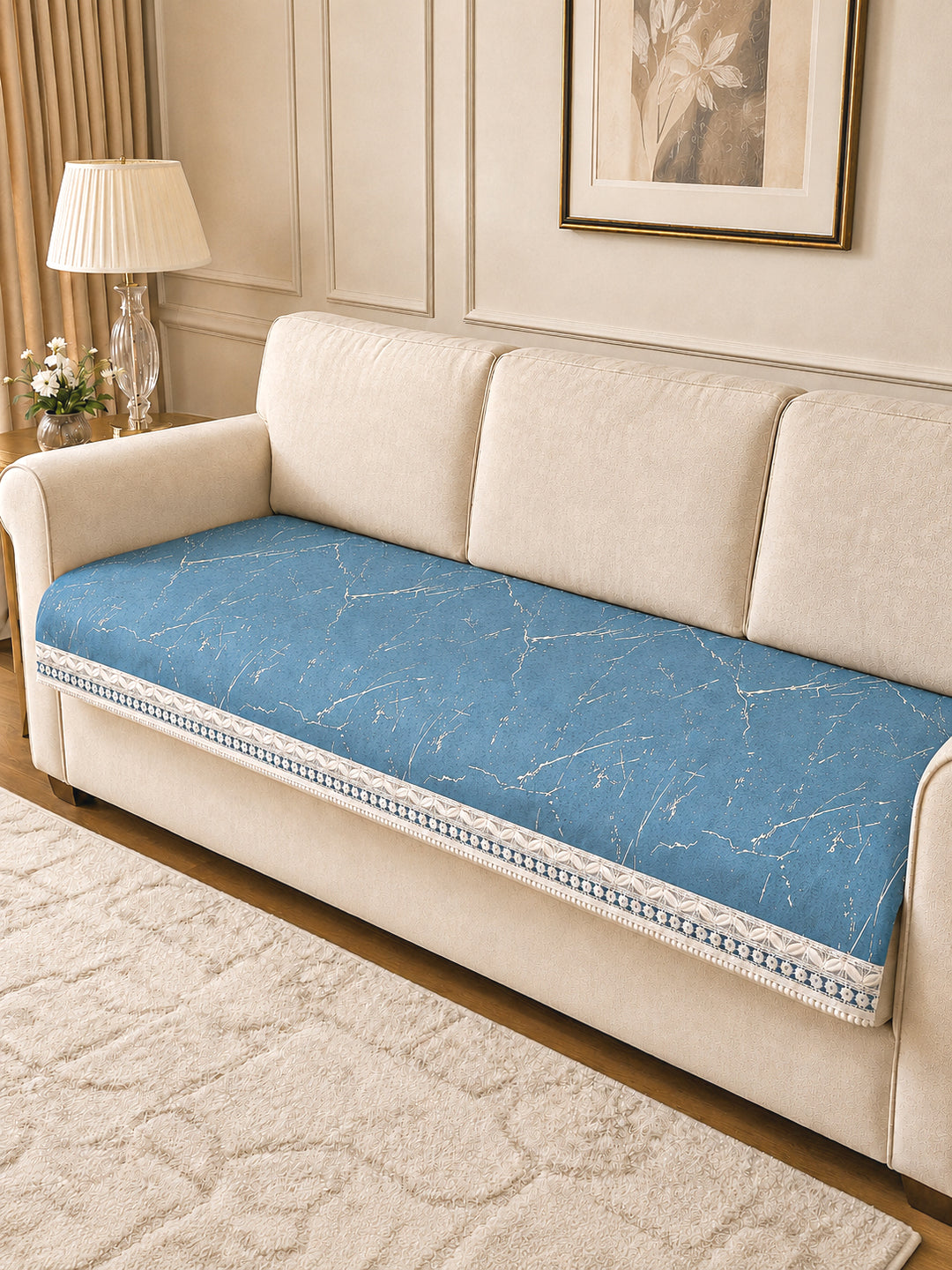 Suede Velvet Sofa Mat 3 Seater | Anti Skid & Machine Washable Sofa Cover Protector | Marble Luxe - Aqua Blue