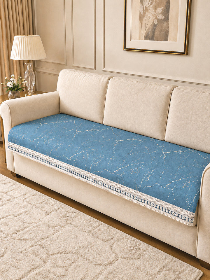 Suede Velvet Sofa Mat 3 Seater | Anti Skid & Machine Washable Sofa Cover Protector | Marble Luxe - Aqua Blue