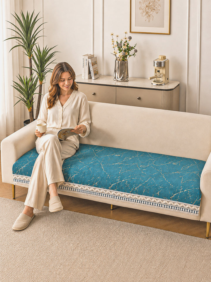 Suede Velvet Sofa Mat 3 Seater | Anti Skid & Machine Washable Sofa Cover Protector | Marble Luxe - Aqua Blue