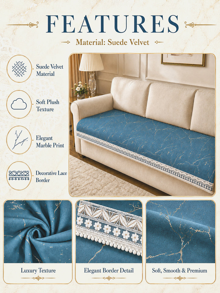 Suede Velvet Sofa Mat 3 Seater | Anti Skid & Machine Washable Sofa Cover Protector | Marble Luxe - Aqua Blue