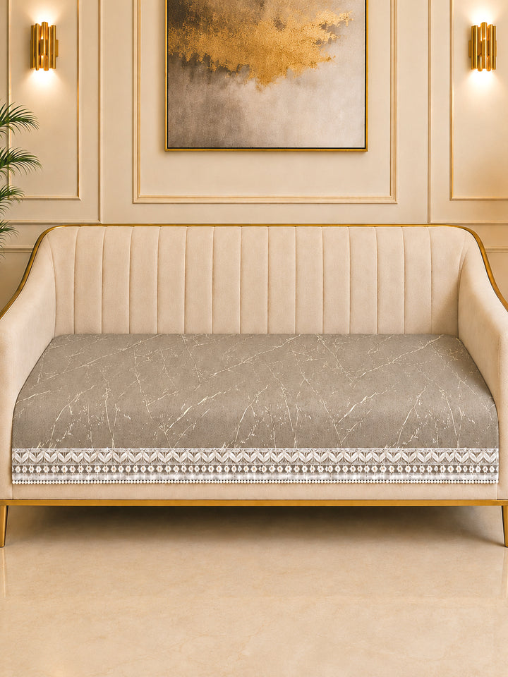 Suede Velvet Sofa Mat 3 Seater | Anti Skid & Machine Washable Sofa Cover Protector | Marble Luxe - Stone Beige