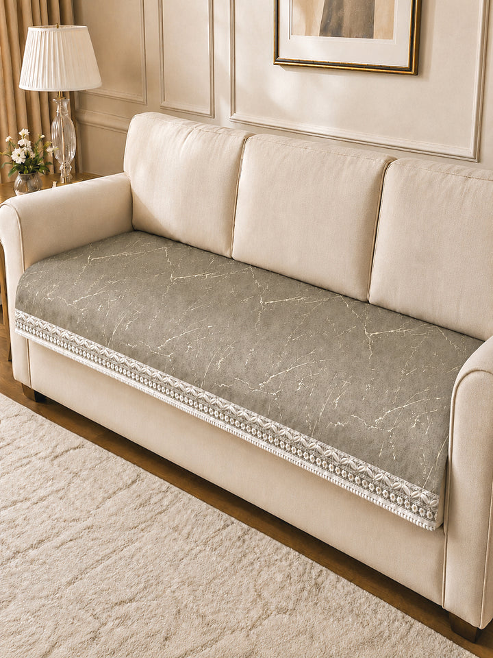 Suede Velvet Sofa Mat 3 Seater | Anti Skid & Machine Washable Sofa Cover Protector | Marble Luxe - Stone Beige