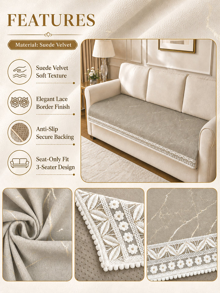 Suede Velvet Sofa Mat 3 Seater | Anti Skid & Machine Washable Sofa Cover Protector | Marble Luxe - Stone Beige