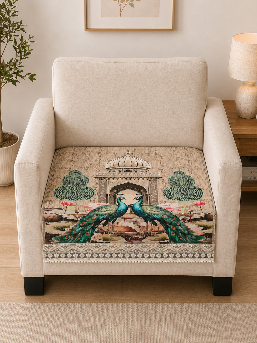 Suede Velvet Sofa Mat 1 Seater | Royal Peacock - Ivory Beige