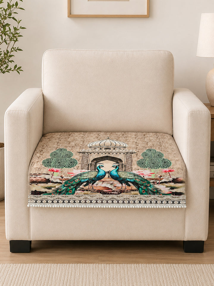 Suede Velvet Sofa Mat 1 Seater | Royal Peacock - Ivory Beige