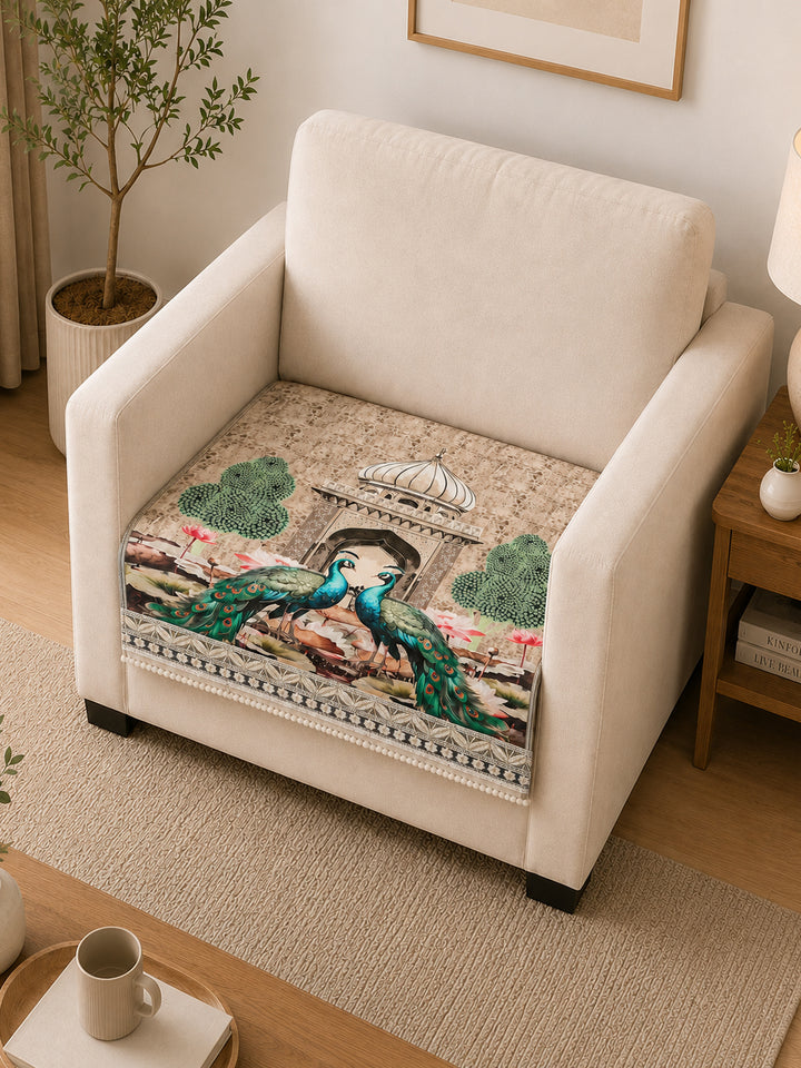 Suede Velvet Sofa Mat 1 Seater | Royal Peacock - Ivory Beige