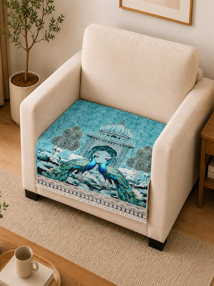 Suede Velvet Sofa Mat 1 Seater | Royal Peacock - Aqua Mist
